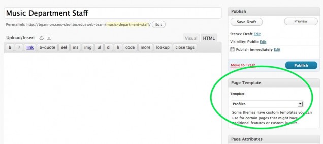 Showing the location of the page template box in the Edit Page admin screen.