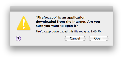 Prompt asks if users want to open "Firefox.app," a downloaded application from the internet. Date and time of download are shown below the question. Close and Open buttons are available in the bottom right corner.