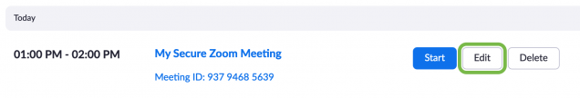 Zoom website meeting list with edit button highlighted