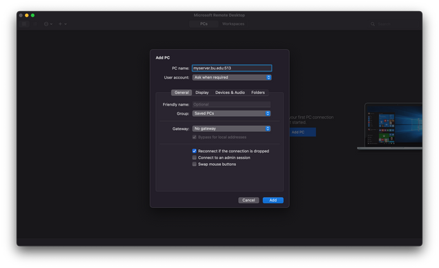 Microsoft Remote Desktop Add PC