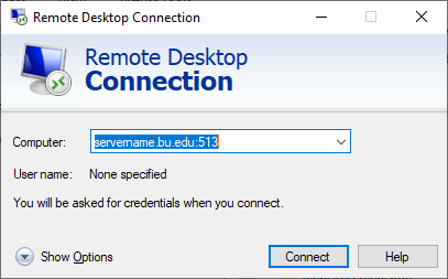 Connection screen for Remote Desktop