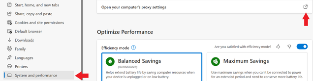 Menu options that has Open your computer's proxy settings in the center