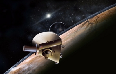 An artist's concept of the New Horizons spacecraft during a planned encounter with Pluto and one of its moons, Charon. Image courtesy of Johns Hopkins Universit Applied Physics Laborator/Southwest Research Institute