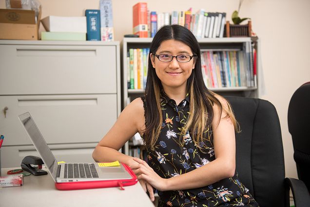 Amber Navarre is this year’s winner of the CAS Gerald and Deanne Gitner Family Award for Innovation in Teaching with Technology. Photo by Cydney Scott. BU Today