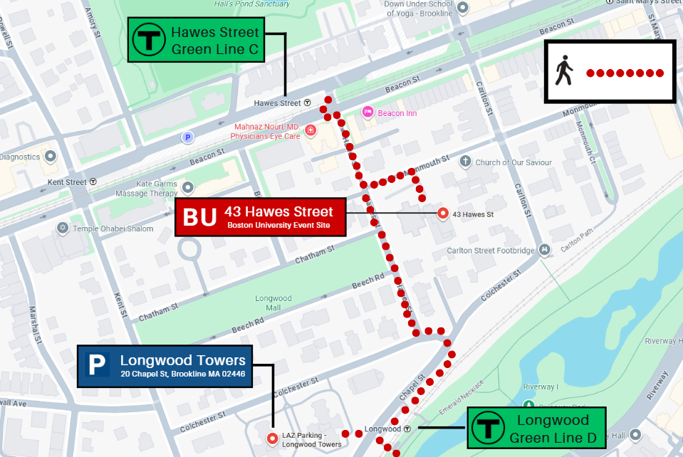 Map showing parking & walking paths to 43 Hawes St.