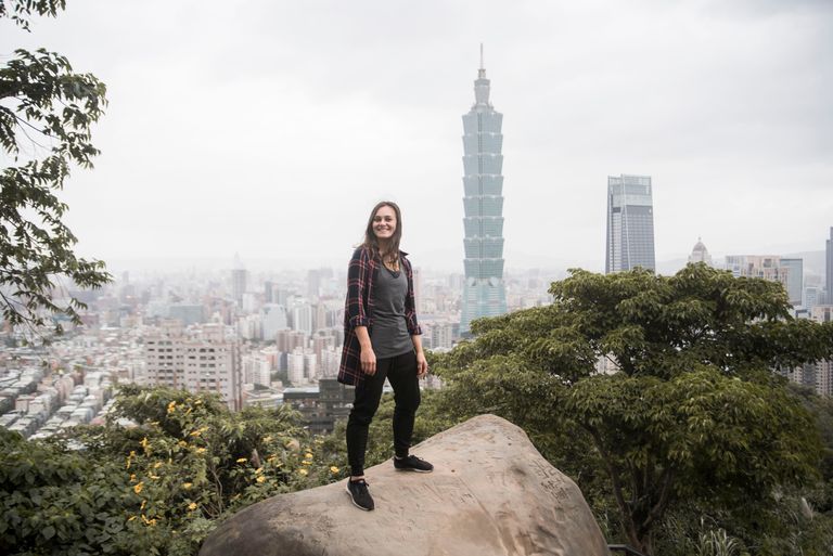 female traveler looking over taipei taiwan