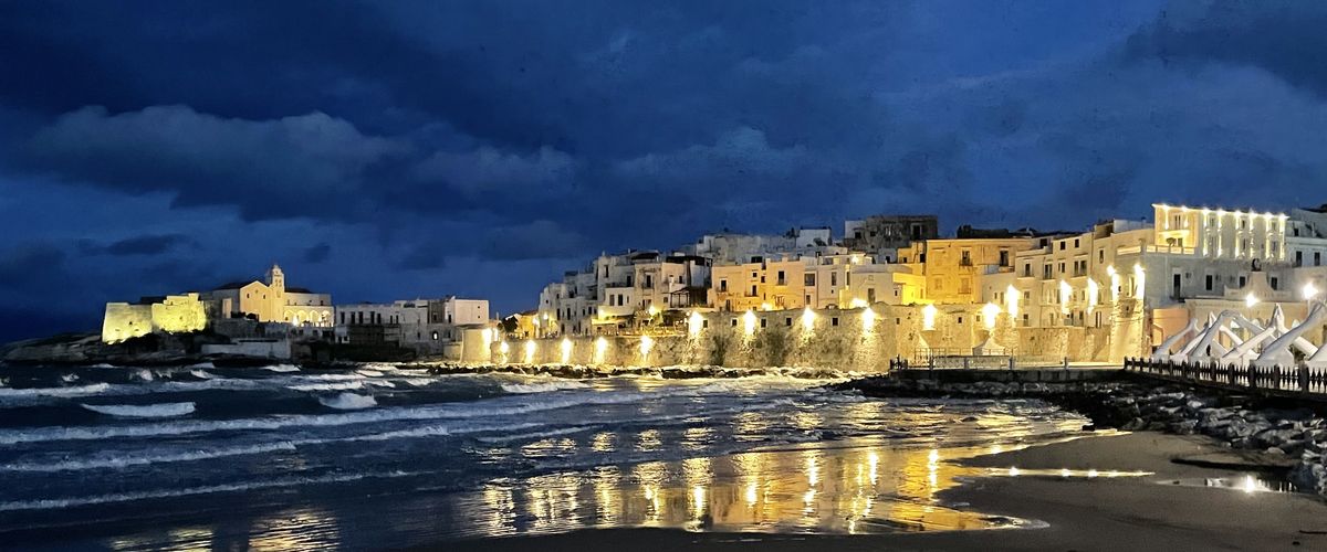 view of Vieste Italy from beach at night