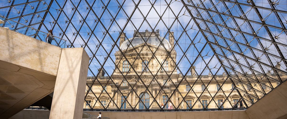 View of the Louvre from inside the glass pyramid