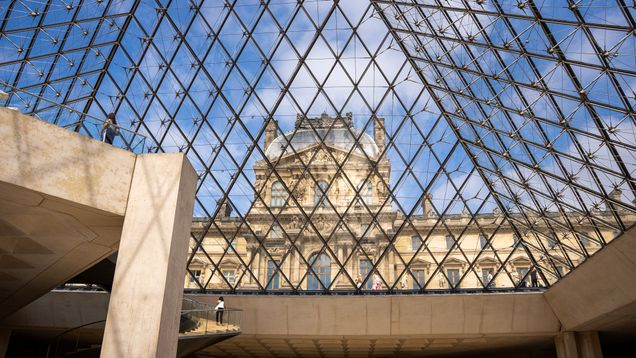 View of the Louvre from inside the glass pyramid
