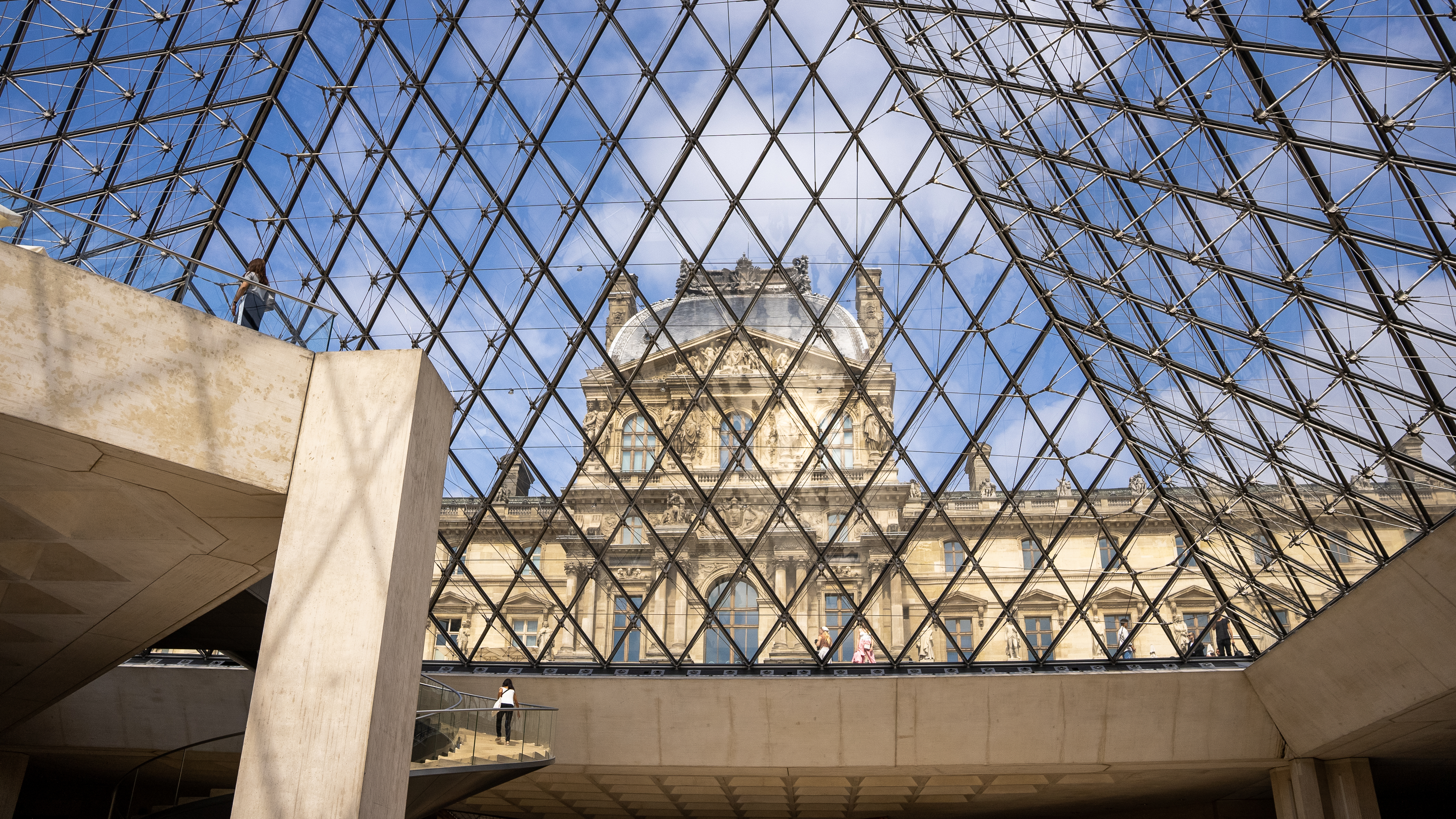 View of the Louvre from inside the glass pyramid