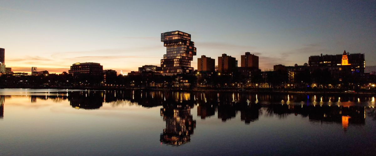 Twilight view of CDS building and BU campus and charles riverfrom Cambridgee