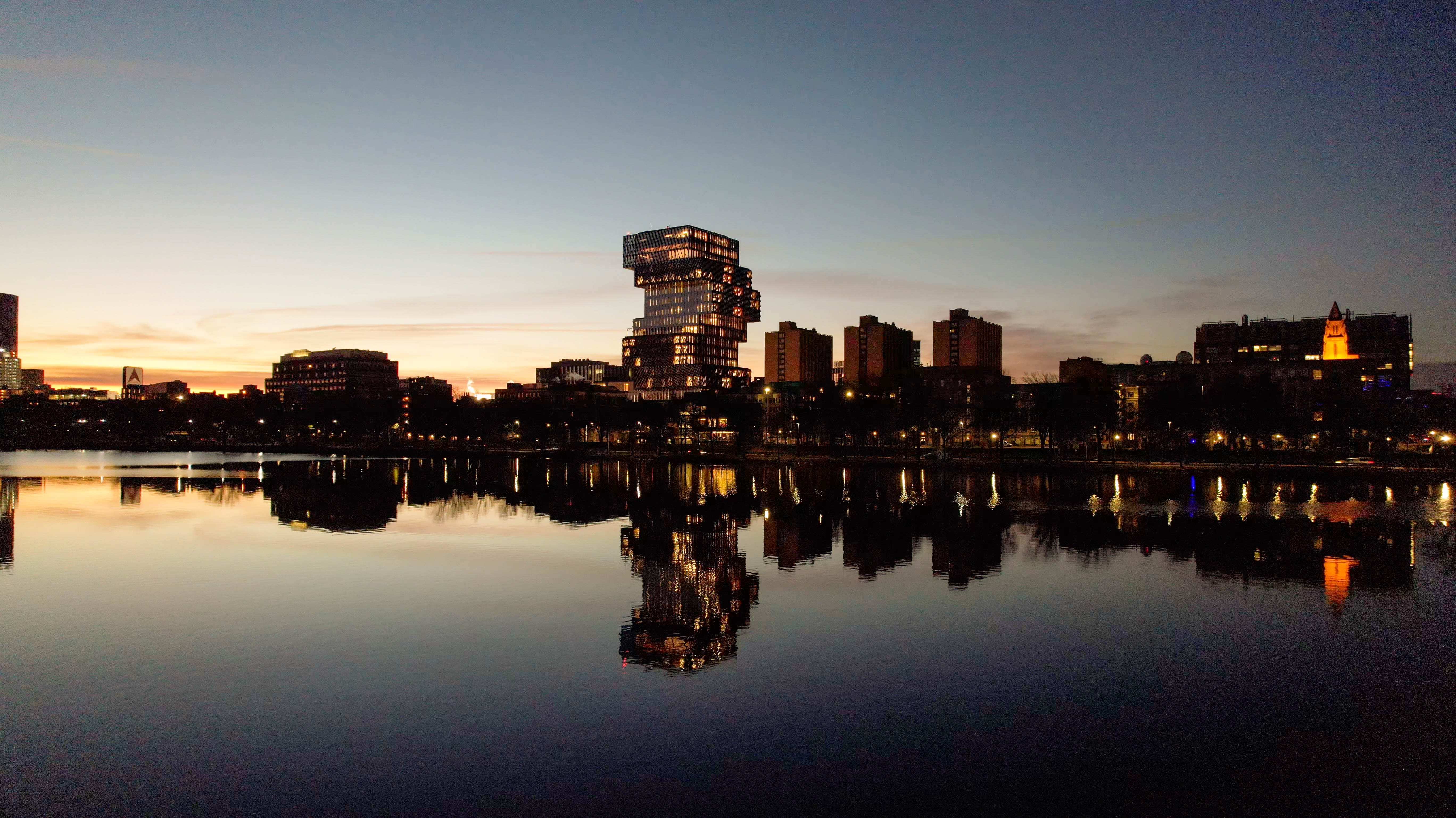 Twilight view of CDS building and BU campus and charles riverfrom Cambridgee