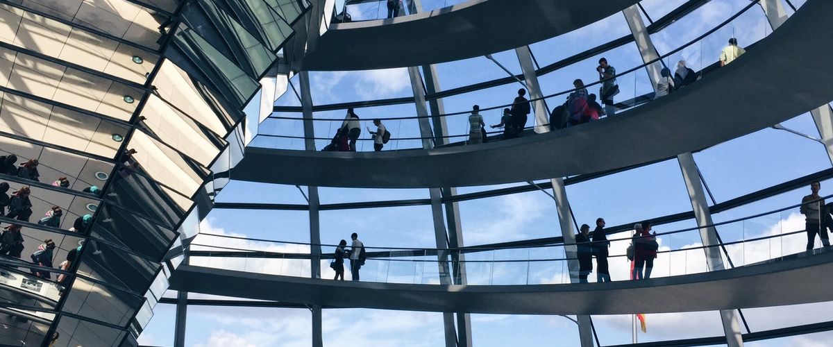 inside view of a glass sprial ramp in a building in Berlin
