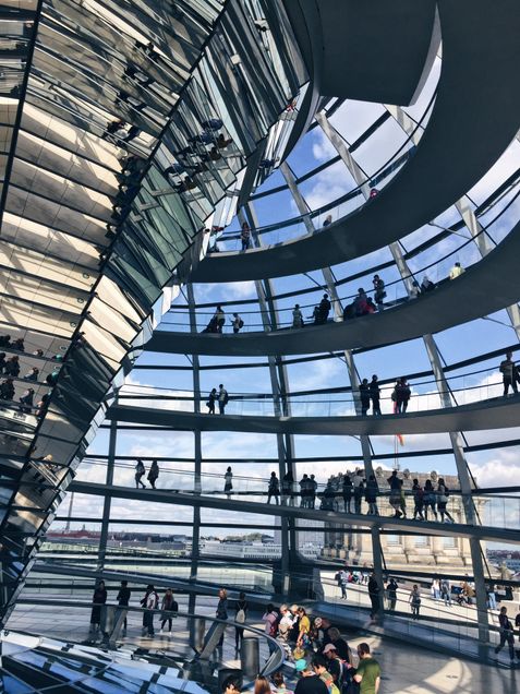 inside view of a glass sprial ramp in a building in Berlin