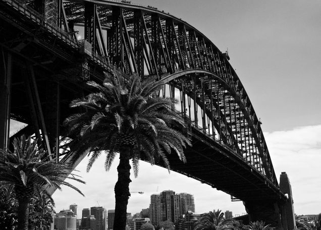 black nad white picture of bridge accross sydeny harbor