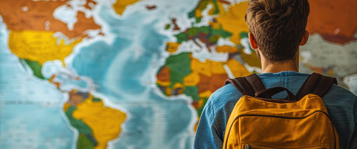 Student with backpack looking at world map