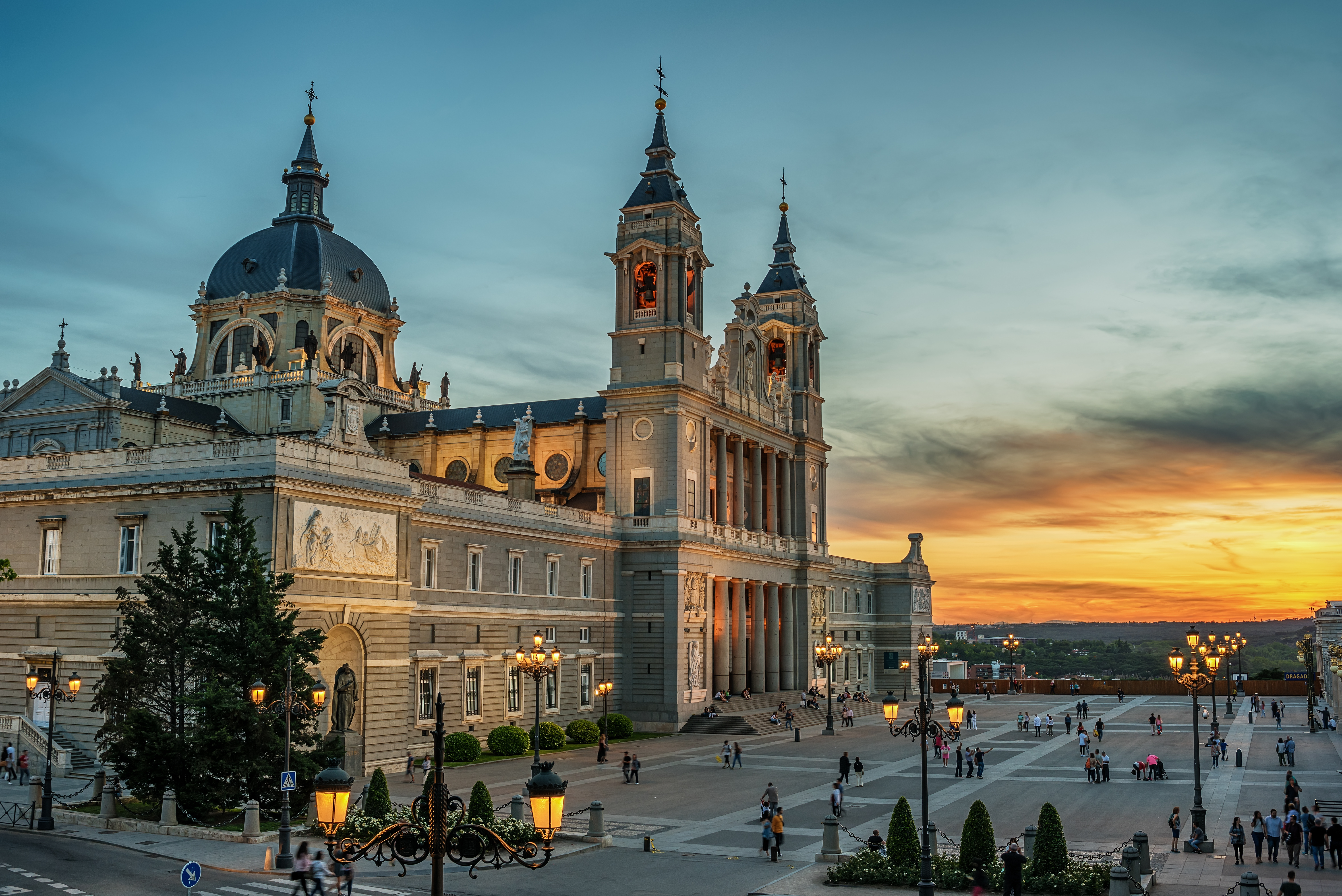 Madrid, Spain: the Cathedral of Saint Mary the Ryoal of La Almudena at sunset