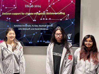 Students Dande, Gao, and Srivchaiin presenting Research Effort in Support of BU Climate Plan