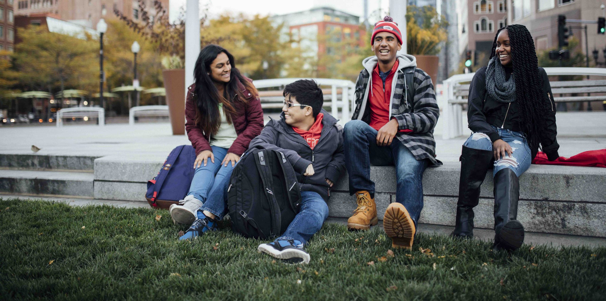 students at bu laughing together