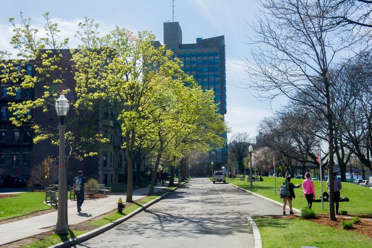 BU Beach facing Law Tower, students in the sun. Photo by Adele Bertschy for Boston University Photography