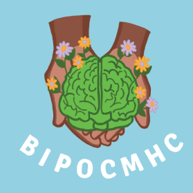 Logo for BIPOCMHC. A green brain with flowers growing out of it being held by a POC's hands.