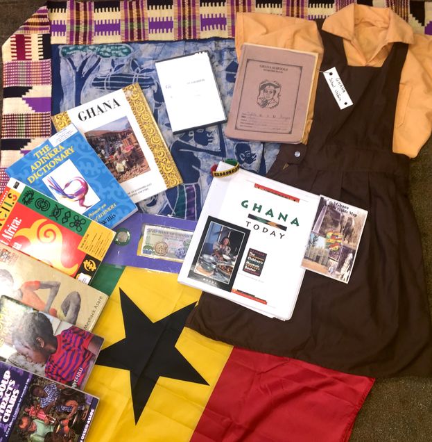 A spread of just some of the interesting objects, books, and resources within our Ghana kit!