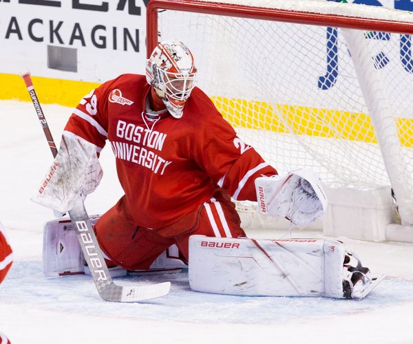 BU ice hockey goalie making a save