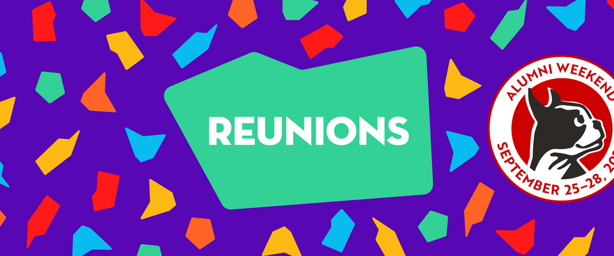 Reunion banner with yellow, blue, red, green and orange confetti
