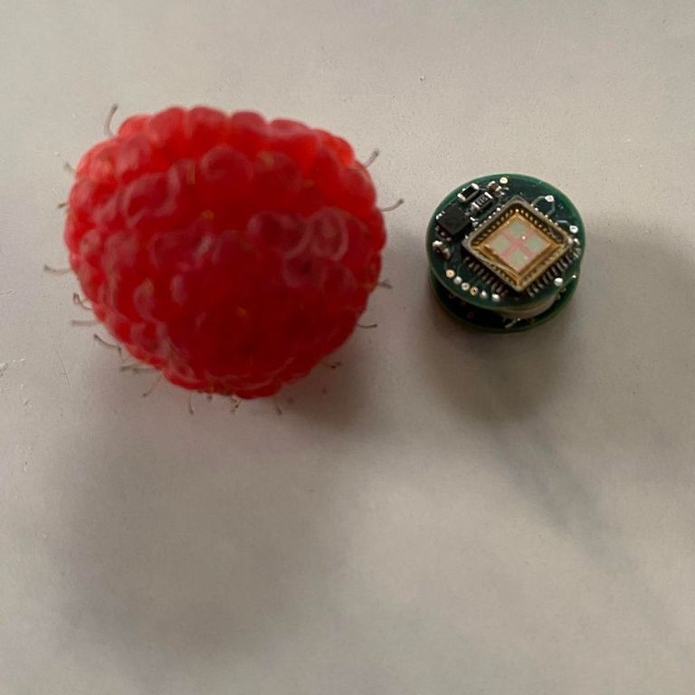 A smart pill the size of a blueberry placed next to an electric component used as a signal detector