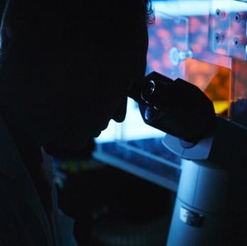 Overhead image of a person looking through a microscope