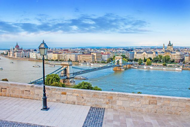 Panoramic view from Buda to Pest side and St. Stephen’s Basilica named after St. Stephen, the founder of the Kingdom of Hungary
