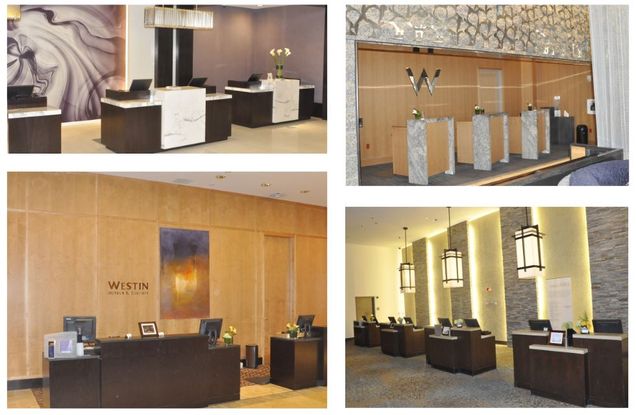 REMOVING BARRIERS The physical barriers that separated guests and employees during the nineteenth century have been replaced by more open designs that represent the breakdown of barriers, both physically and symbolically. Modular front desks provide more flexible, open, and accessible spaces. This newer format is used at the Hyatt Regency (top left), the Westin Copley Place (bottom left), the W Hotel (top right), and the Westin Waterfront (bottom right)