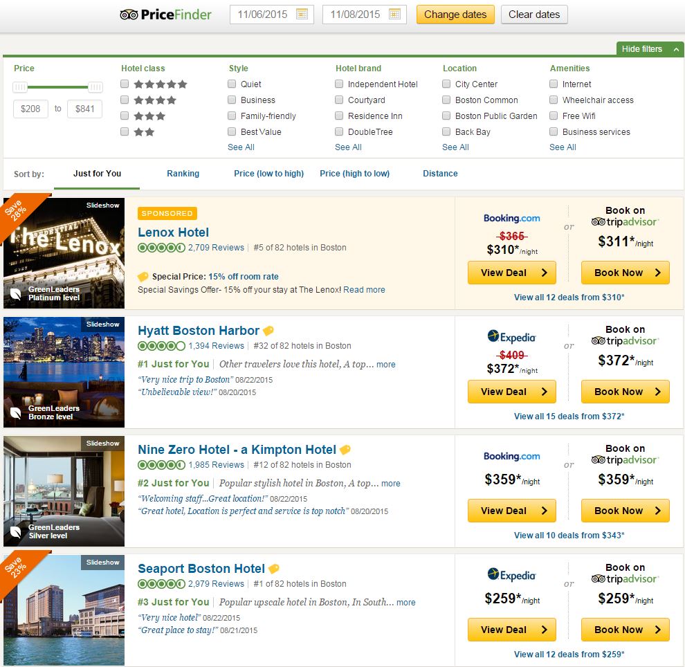 TripAdvisor provides real-time room rates using the meta-search model. Source: TripAdvisor.com