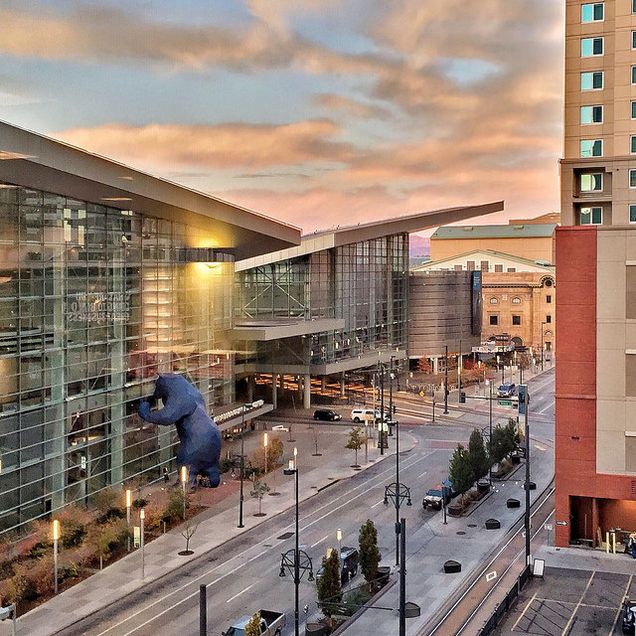 Not far from the dual-branded Hyatt House/Place on Denver's 14th Street sits the 17-story Convention Center Embassy Suites hotel. Both properties were developed by Indiana-based firmed, White Lodging. (Photo by MomentsForZen). 