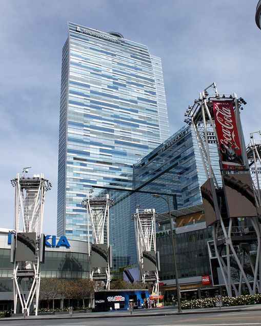 Behind Los Angeles' Staples Center sits the dual-branded JW Marriott and towering Ritz-Carlton