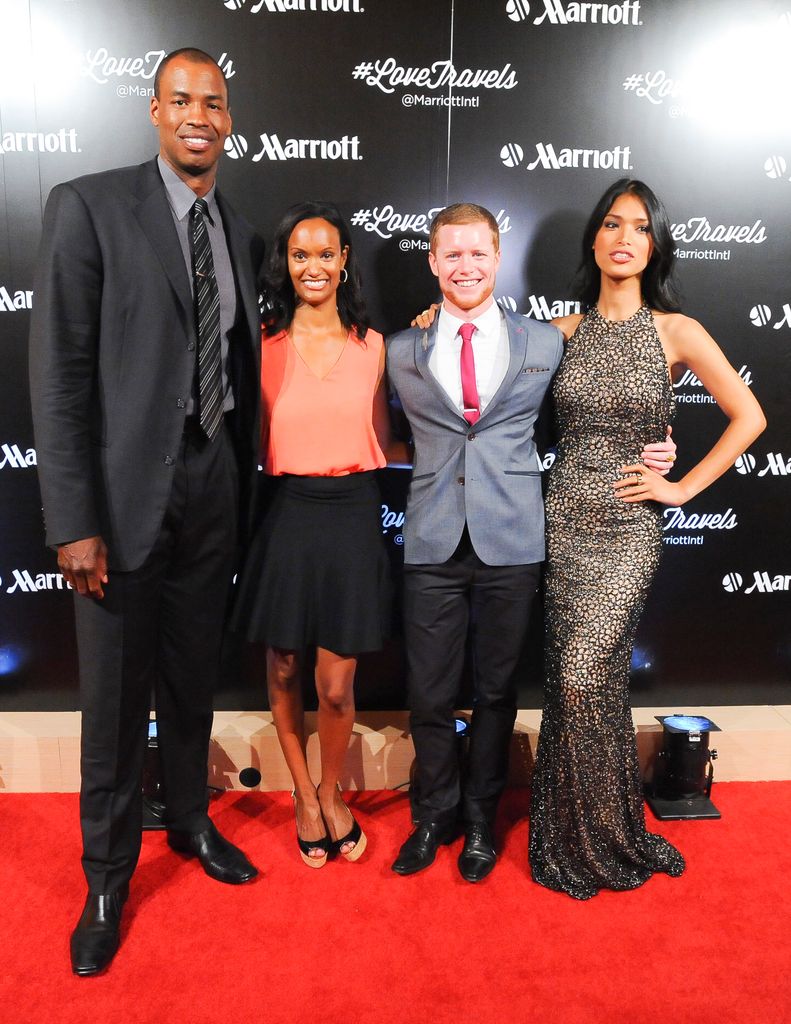 WASHINGTON, DC - JUNE 4: Jason Collins, Kristine Friend(Senior Director of segment marketing of Marriott International), Braden Summers(photographer of #Lovetravels), and fashion model Geena Rocero at the Mayflower Renaissance Washington, DC for Marriott's #LoveTravels Launch Party on June 4, 2014.(Photo by Larry French/Getty Images for Getty Images for Marriott International)