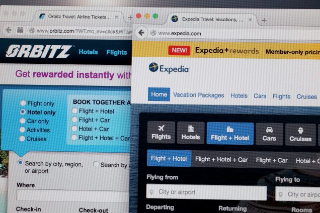MIAMI, FL - FEBRUARY 12: In this photo illustration, the website for Expedia Inc. and Orbitz Worldwide Inc. are seen next to each other on February 12, 2015 in Miami, Florida. Expedia annouced plans to purchase Orbitz for about 1.34 billiion dollars. (Photo Illustration by Joe Raedle/Getty Images)