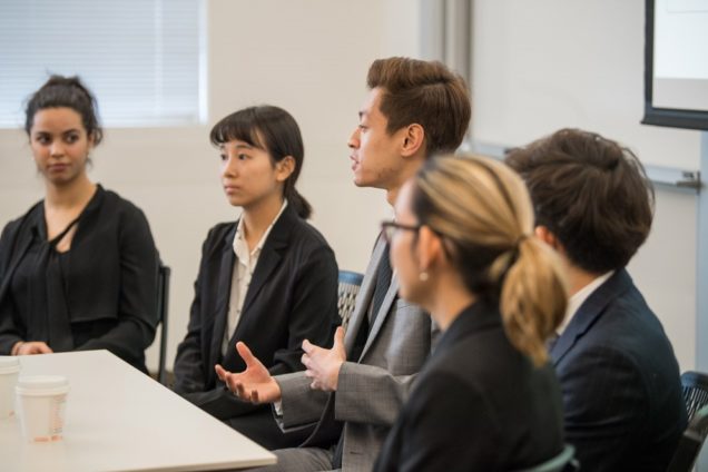 The students dressed formally for their presentation to Massachusetts Convention Center Authority executives: Avila (clockwise from left), Lai, Su, Dohyung Peter Kim, and MacKay. Photo by Cydney Scott