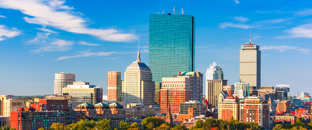 City buildings of Boston on a sunny day with a blue sky