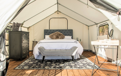 An inside look at a fancy glamping tent