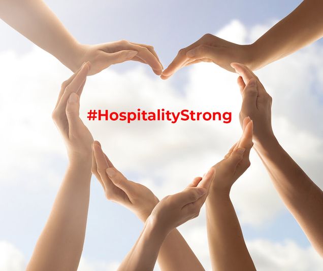 several arms and hands forming a heart instide it says #HospitalityStrong