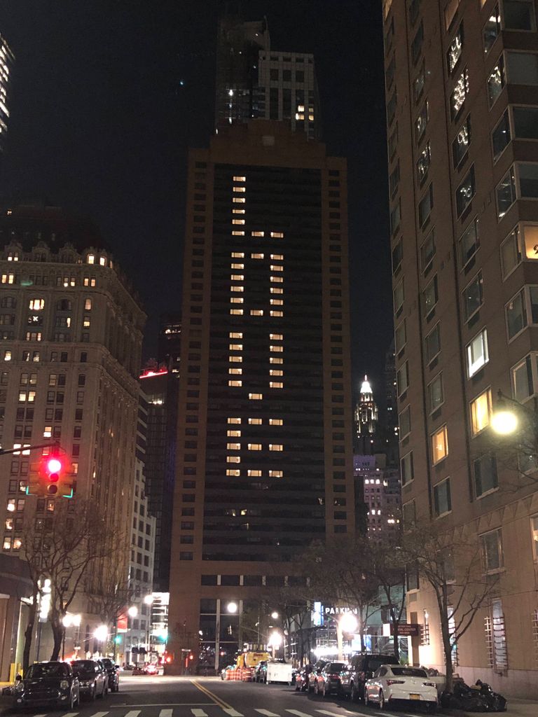 Marriott Hotel in New York Turns on Lights in Building to Display the word "Love" during the Coronavirus Pandemic."