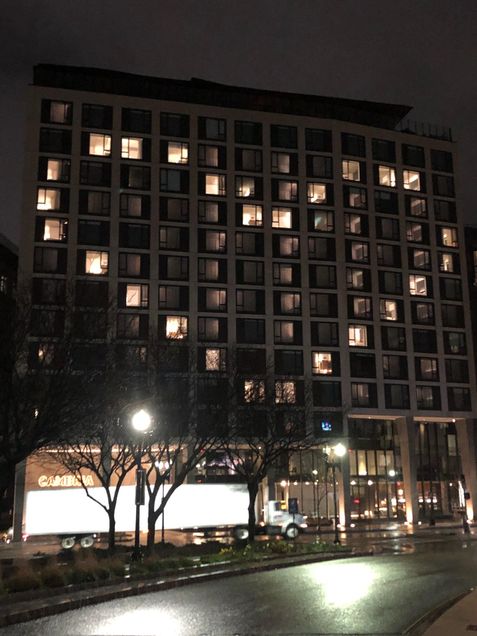 a hotel in Boston lights up certain windows at night to form the shape of a heart