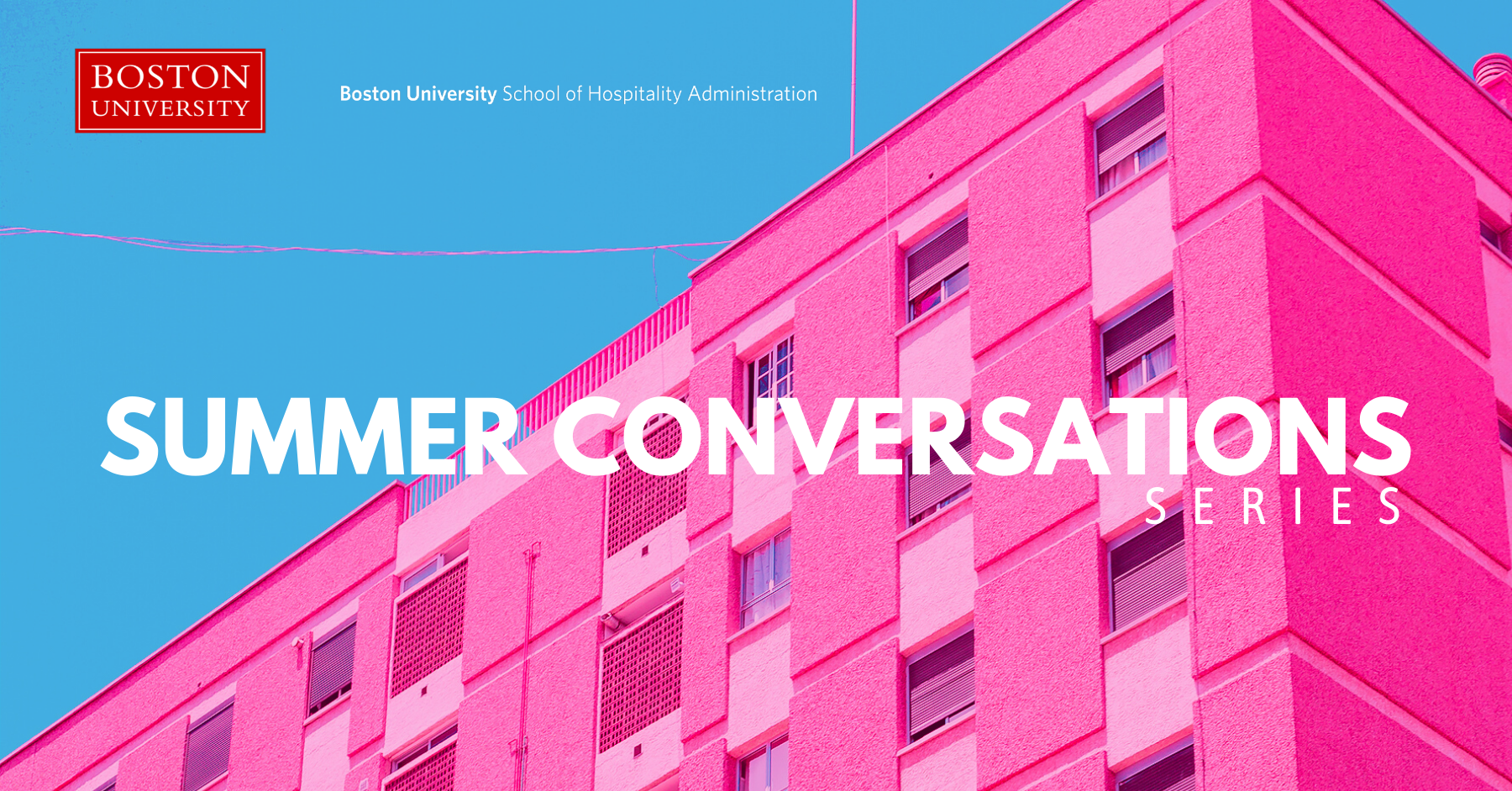 "Summer Conversations Series" in white text with a neon pink building and a blue sky background