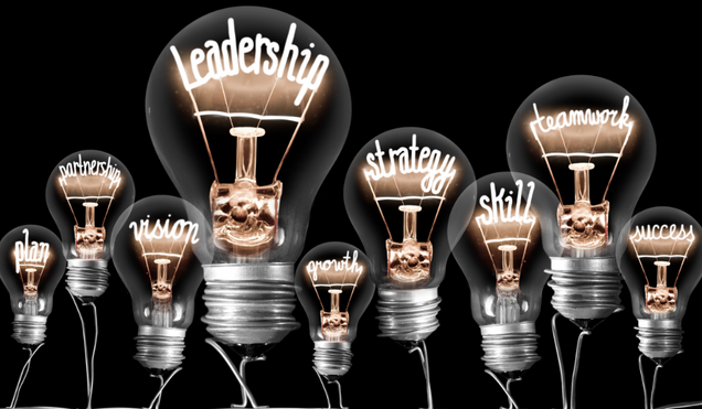 Photo of light bulbs group with shining fibers in a shape of LEADERSHIP concept related words isolated on black background