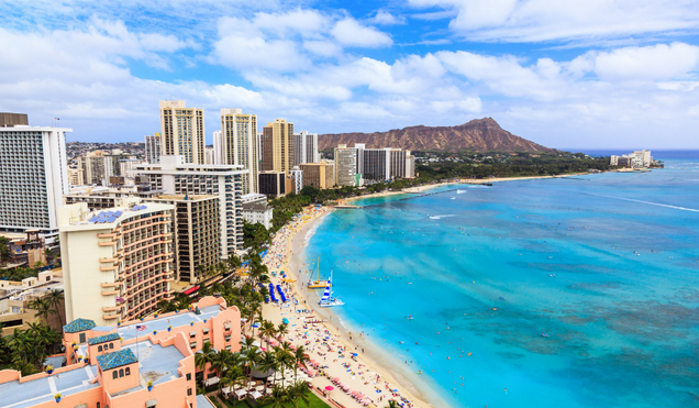 Honolulu, Hawaii. Skyline of Honolulu, Diamond Head volcano including the hotels and buildings on Waikiki Beach.
