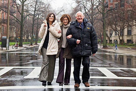 Lisa Nemrow, Julie Nemrow, and Christopher Ricks walk down Bay State Road