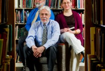 Librarians Jack Ammerman (from left), Robert Hudson, and Vika Zafrin say the new opt-out open access policy will benefit researchers, BU, and the public good. Photo by Cydney Scott
