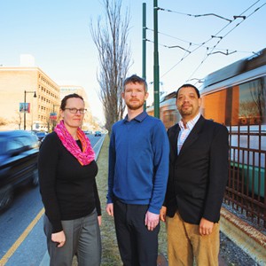 Lucy Hutyra, Conor Gately, and Ian Sue Wing, from the GRS department of earth and environment, developed a new way to measure CO2 emissions from cars. The new system, called DARTE, could help cities combat climate change. Photo by Michael D. Spencer