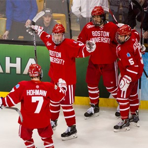Jack Eichel (CGS'18) celebrates his final point scored in the final second of Thursday night's 2015 Men's Frozen Four National Championships at TD Garden against North Dakota.